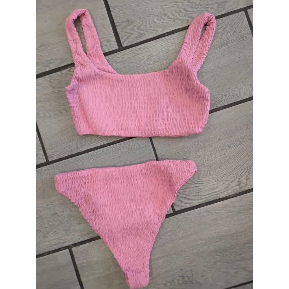 Naked Wardrobe Swim Pink Smocked Bikini Set Scoop Neck High Cut NW-W0523 Large - Picture 4 of 4